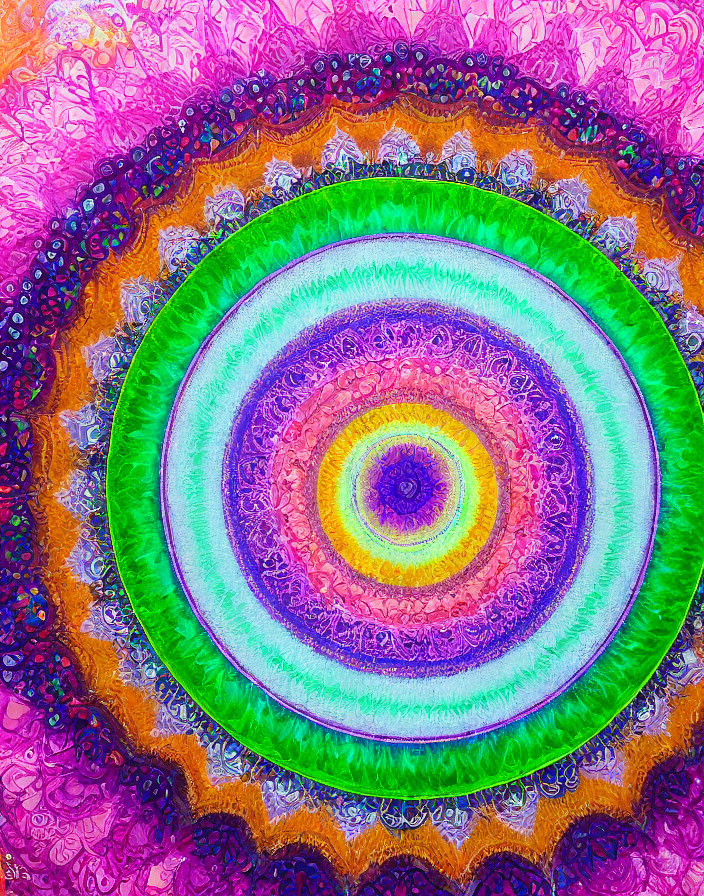 Colorful Psychedelic Mandala Pattern with Concentric Circles in Purple, Green, and Orange