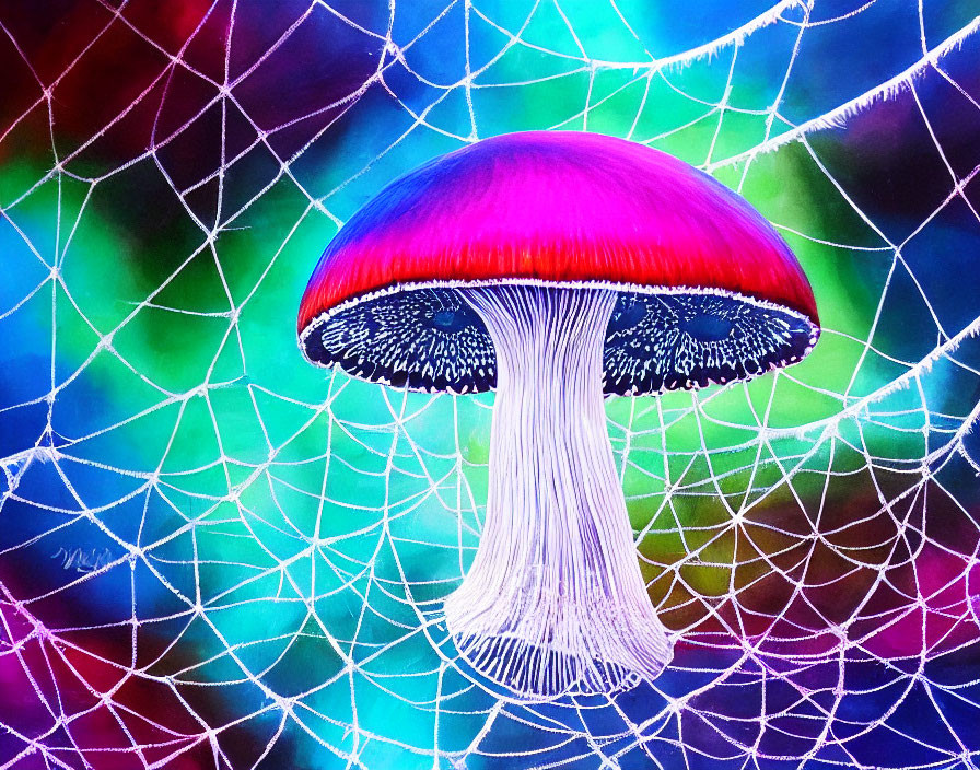 Colorful Painting of Magenta Mushroom on Web-Patterned Background