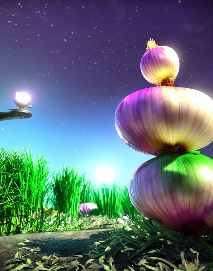 Digital Art: Oversized onions stacked in a grassy field under a starlit sky with glowing orbs