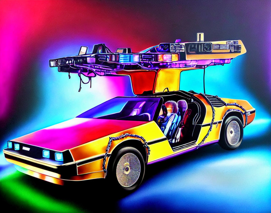 Colorful DeLorean Car Illustration on Neon Background