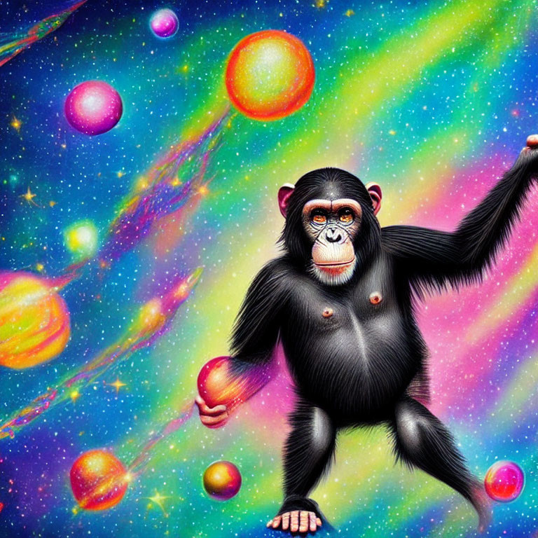 Chimpanzee in cosmic setting with colorful nebulae and glowing orbs