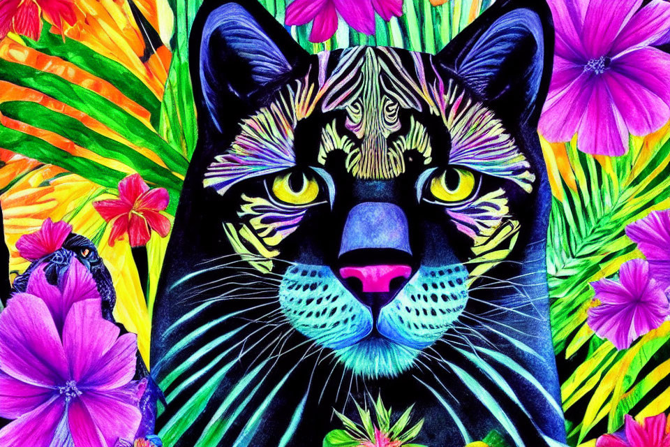 Colorful Stylized Black Cat Artwork with Floral Backdrop