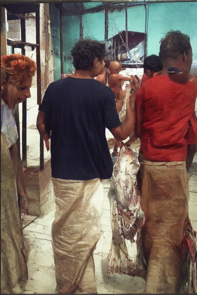 Group of people covered in colorful powder, one holding a baby