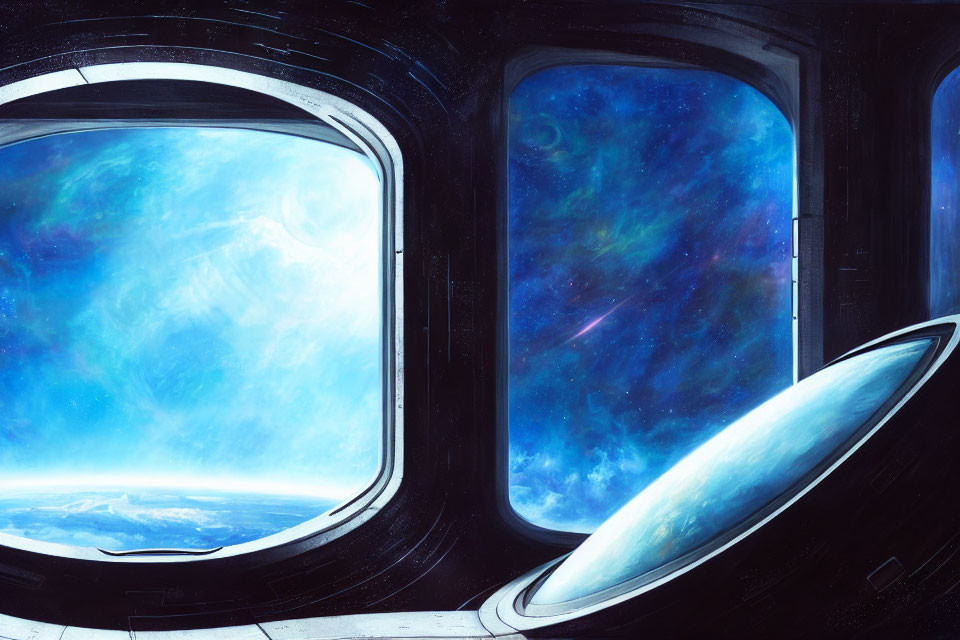 Spaceship's windows display vibrant blue nebula and distant planet.