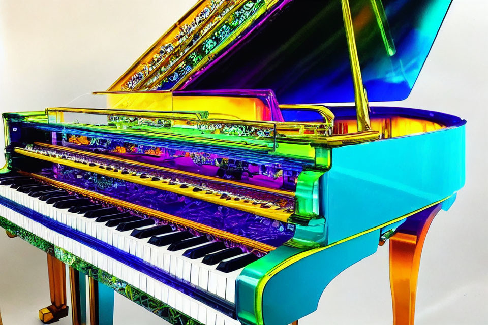 Rainbow-Colored Grand Piano with Transparent Lid on White Background