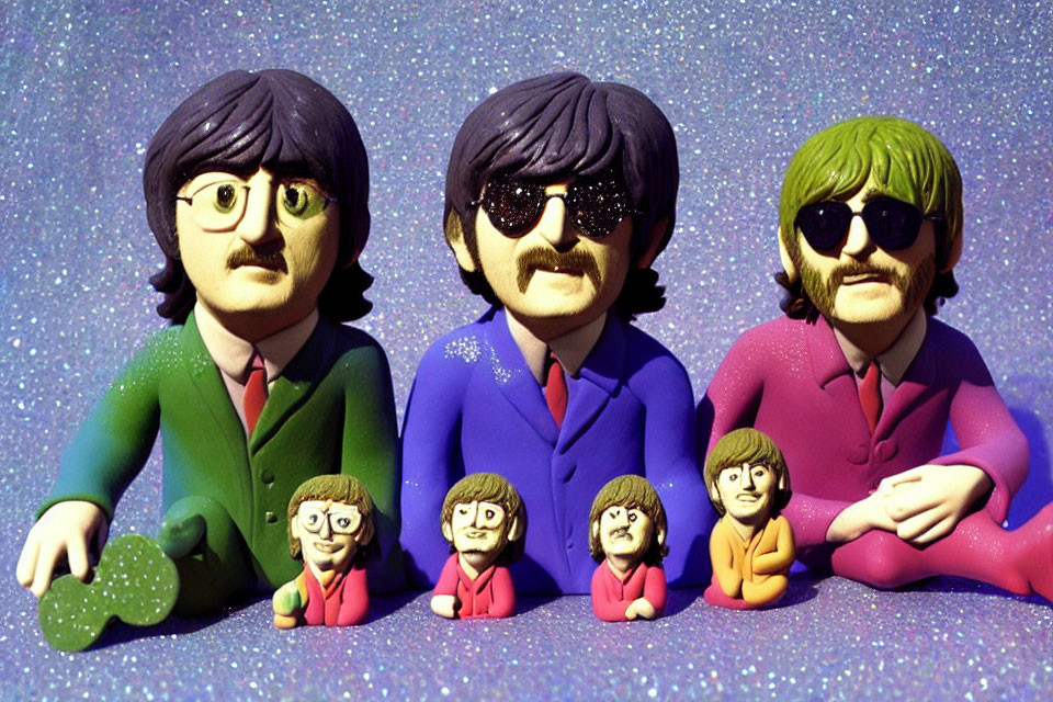 Exaggerated Beatles-inspired figurines on purple glitter background