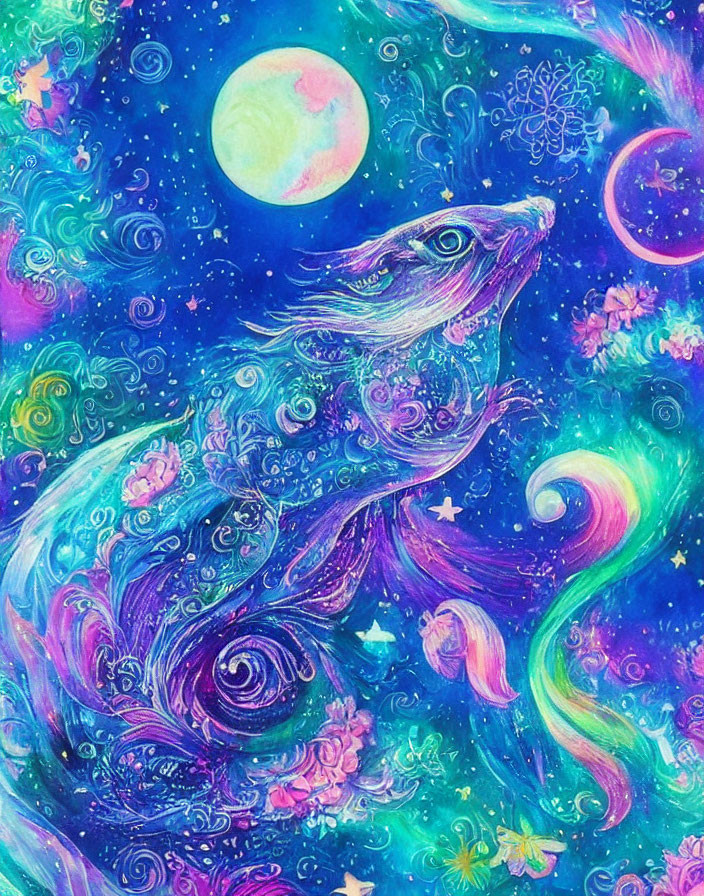 Colorful Cosmic Wolf Artwork with Stars and Nebulae Patterns in Space