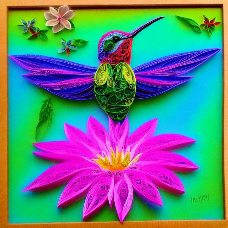 Vibrant hummingbird paper quilling art with pink flower on green background