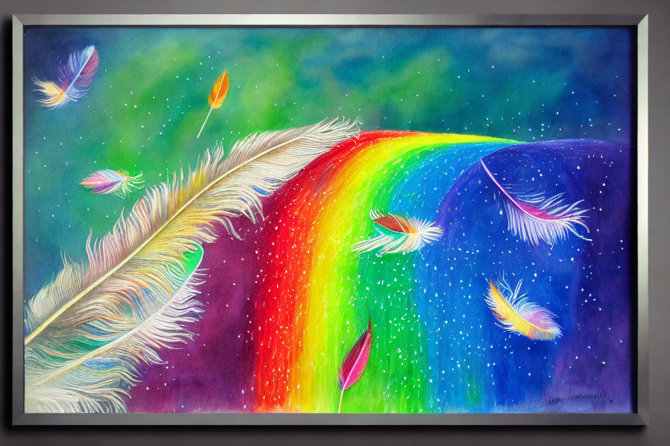 Colorful Rainbow Painting with Feathers and Quill in Starry Sky