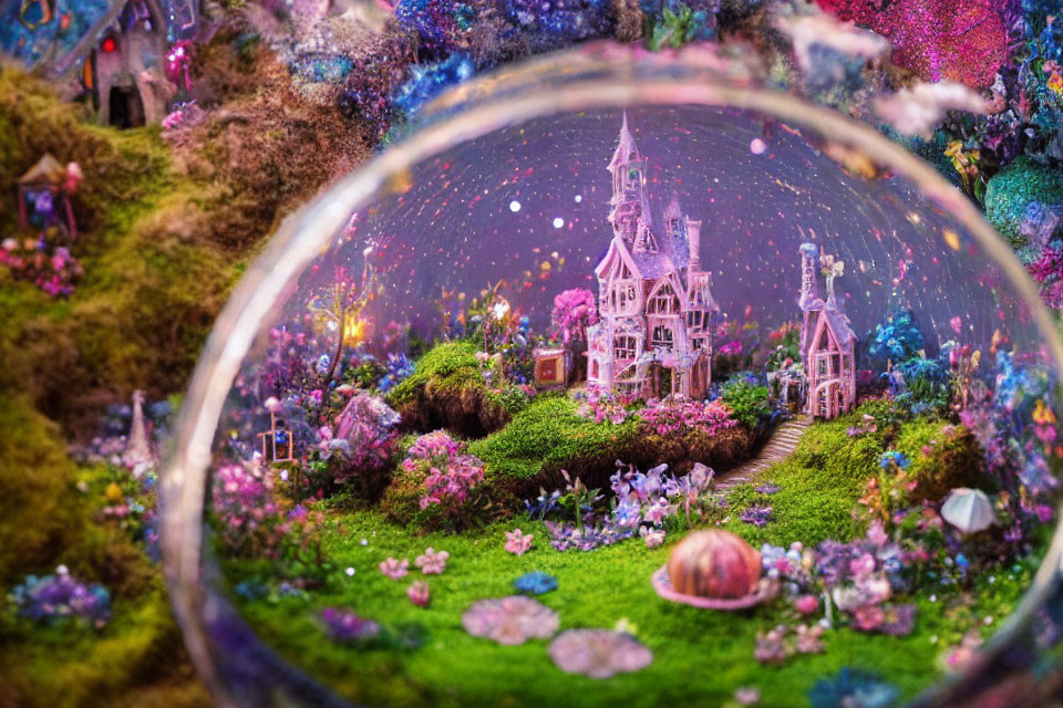 Detailed miniature fairy tale scene with castle and garden in crystal ball