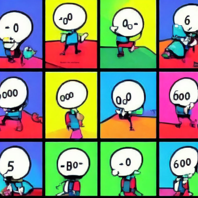 Cartoon Character Grid with Emotive Responses to Numbers