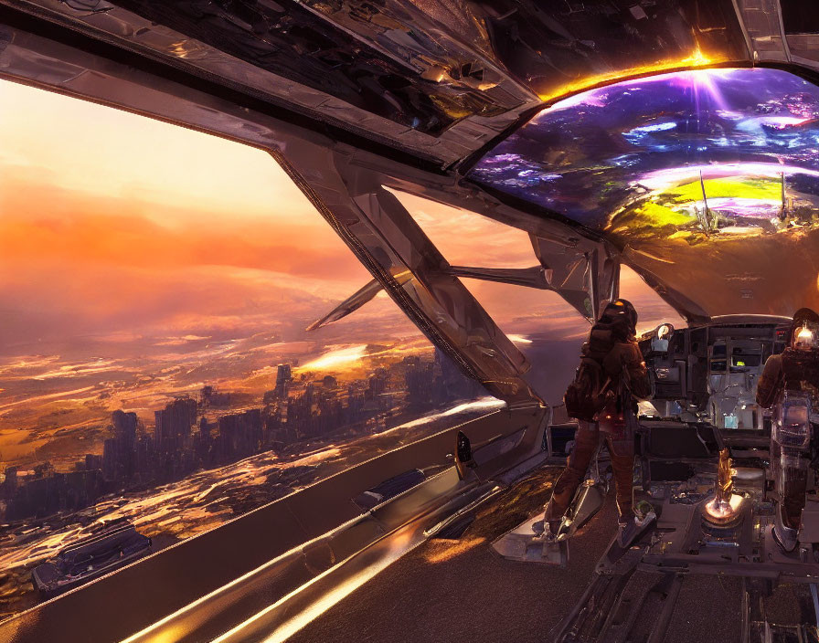 Futuristic spaceship cockpit with crew overlooking cityscape at sunset