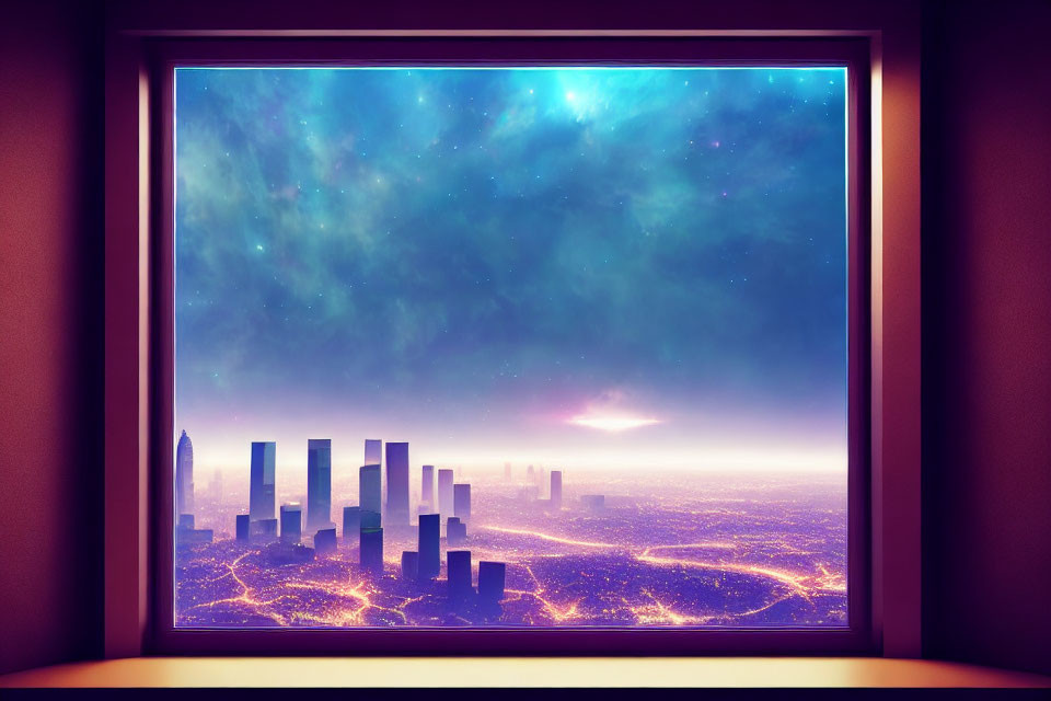 Vibrant nighttime cityscape through window with cosmic sky