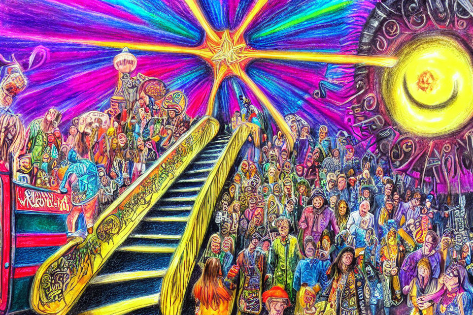 Colorful drawing of diverse people on escalators between vibrant psychedelic realms