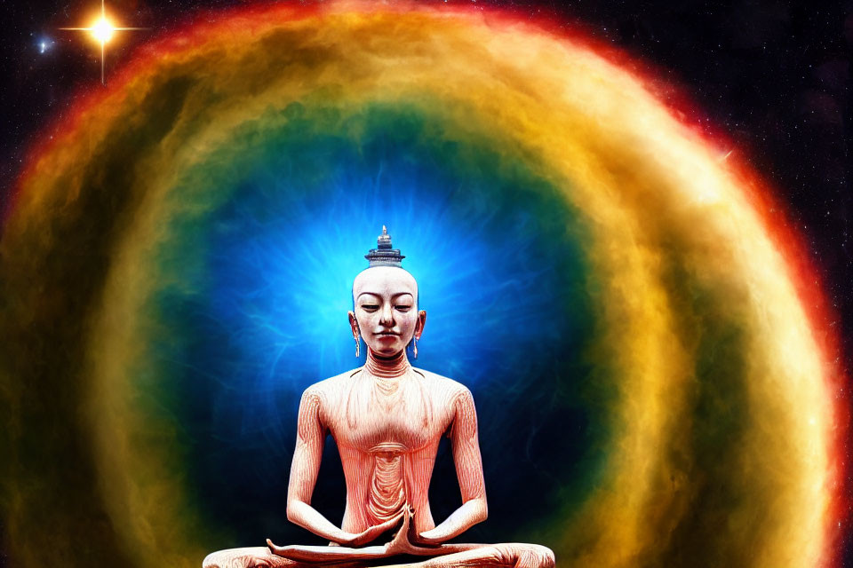 Serene Buddha statue meditating with colorful aura on starry background