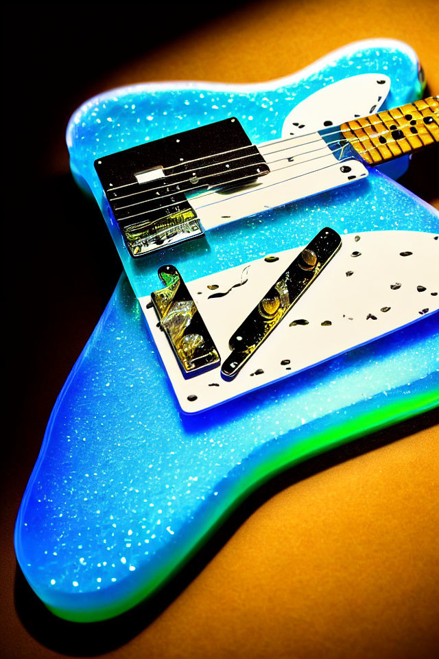 Blue Sparkling Electric Guitar on Amber Background