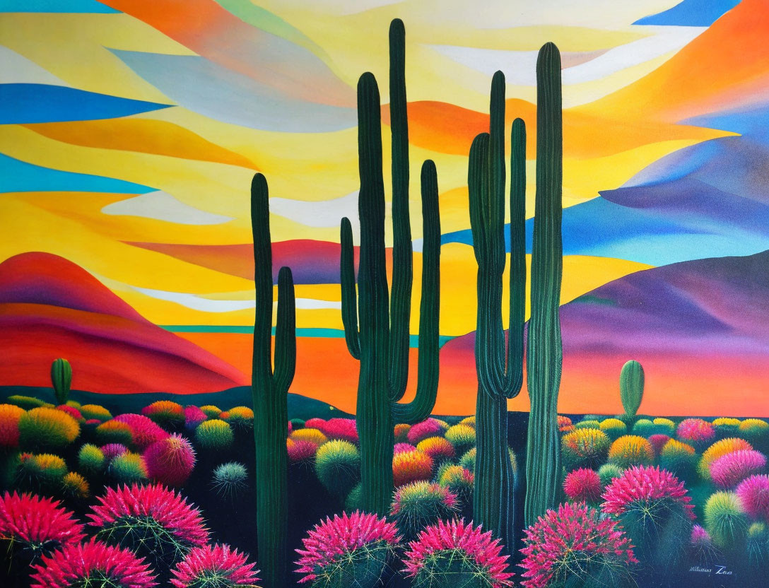 Desert landscape painting with cacti, pink flowers, sunset sky