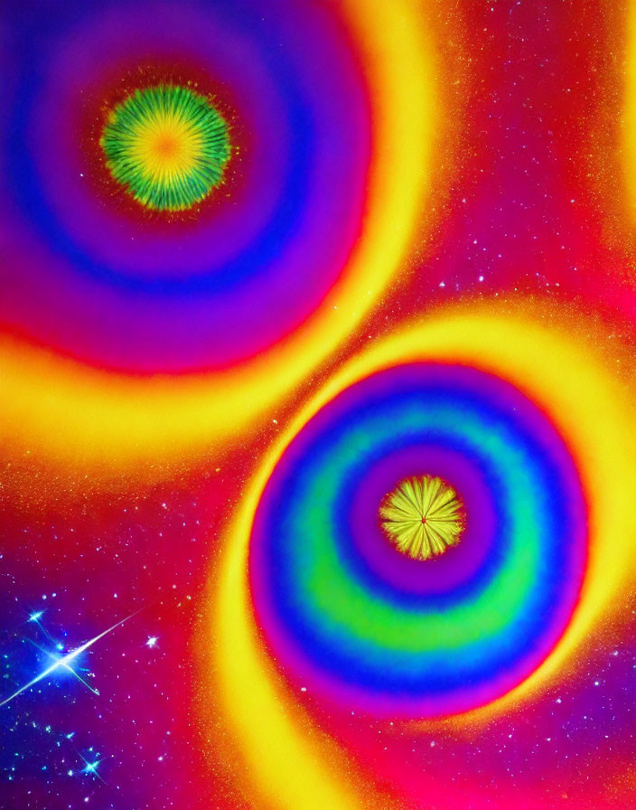 Colorful Thermal Image Featuring Circular Patterns and Star-like Points