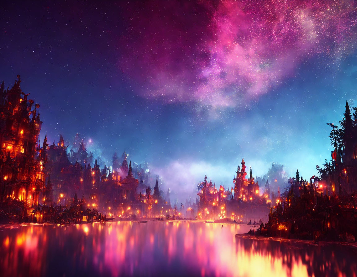 Scenic lakeside city at night with purple and pink starry sky