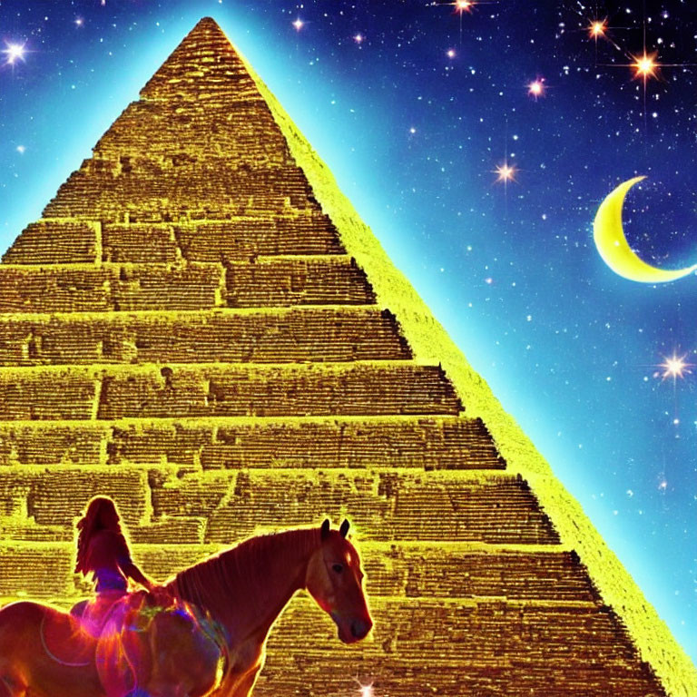 Colorful digital art: golden pyramid, crescent moon, and translucent horse under starry sky