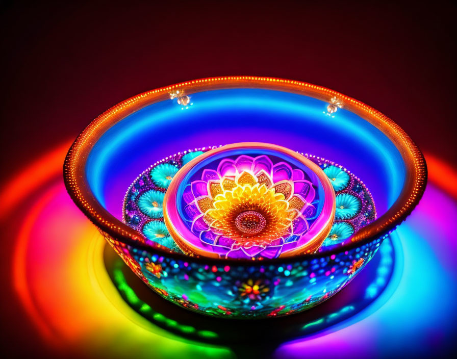 Vibrant flower-like pattern in luminous bowl with concentric circles