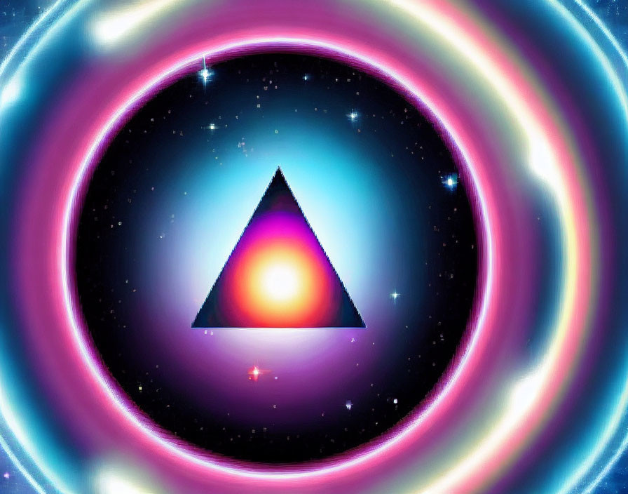 Colorful digital art: Black triangle with neon rings in starry space