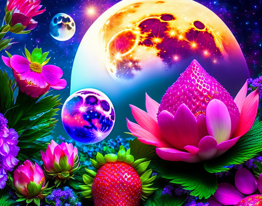 Colorful digital artwork: planets, stars, flowers, strawberry, dew drops