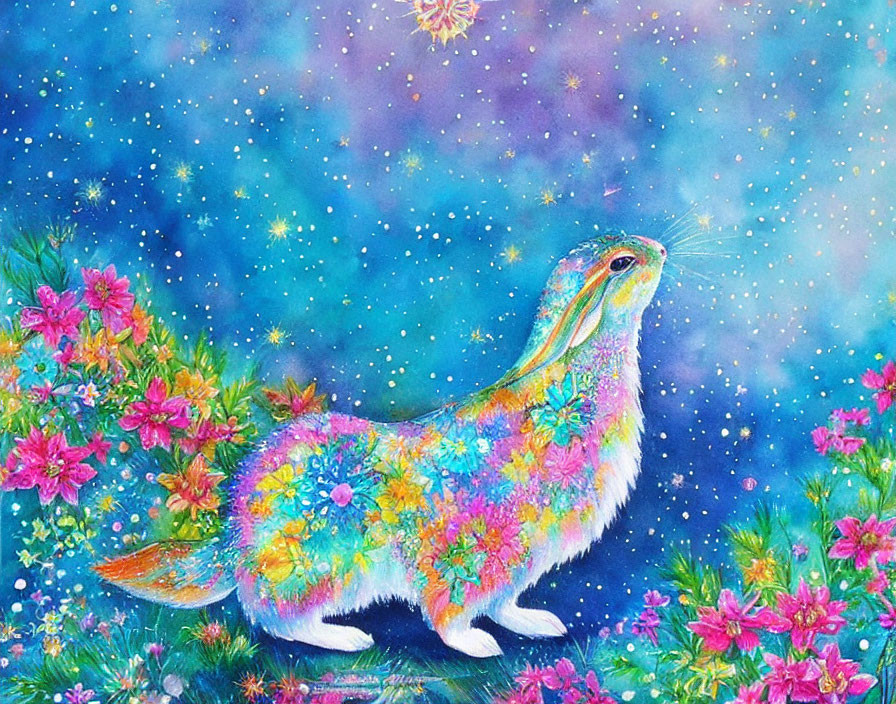 Colorful Rabbit in Flower Garden with Starry Sky