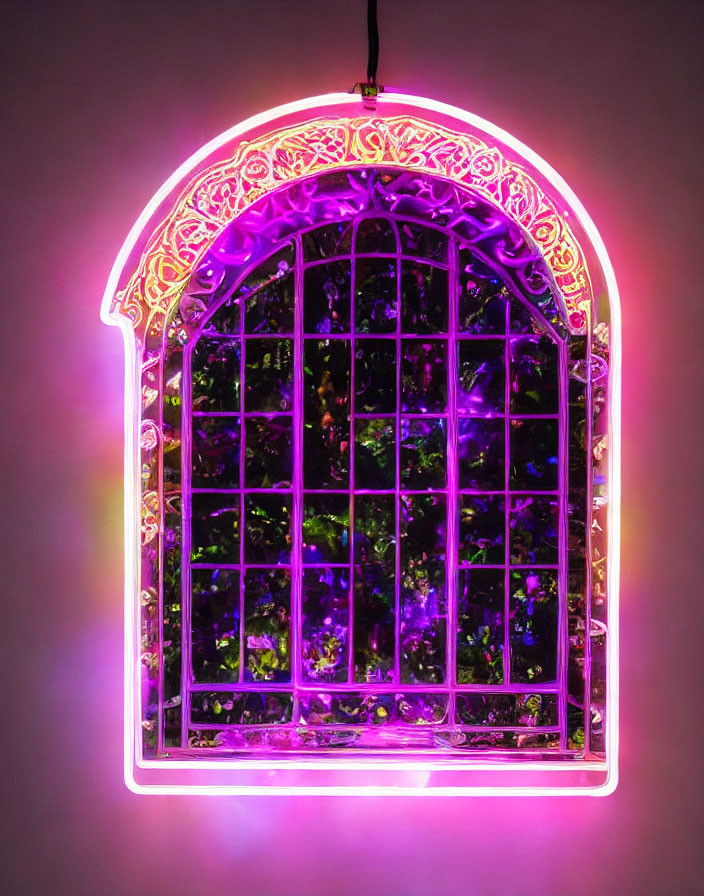 Intricate Purple-Pink Neon Window Design on Dark Background