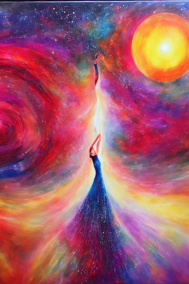 Colorful Artwork: Figure in Cosmic Dress Surrounded by Galaxies and Sun