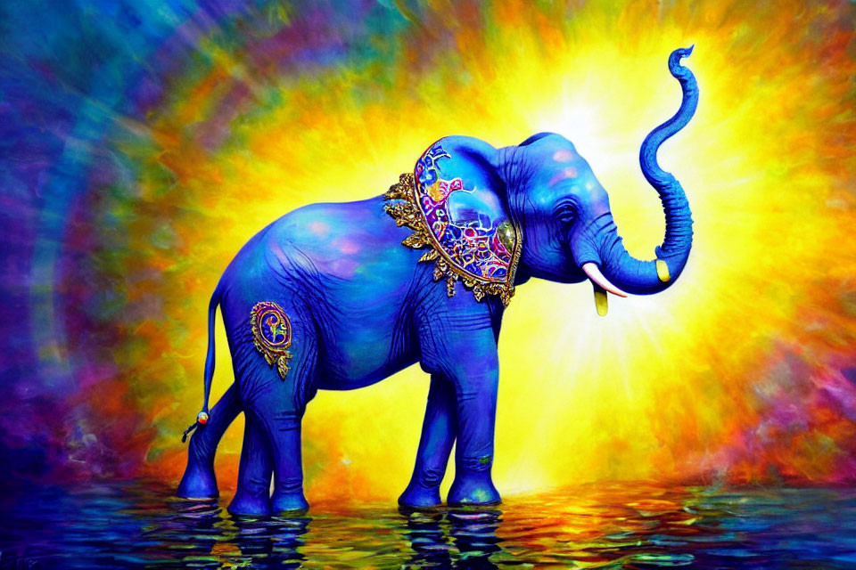 Colorful Artwork: Blue Elephant with Traditional Ornaments Standing in Water