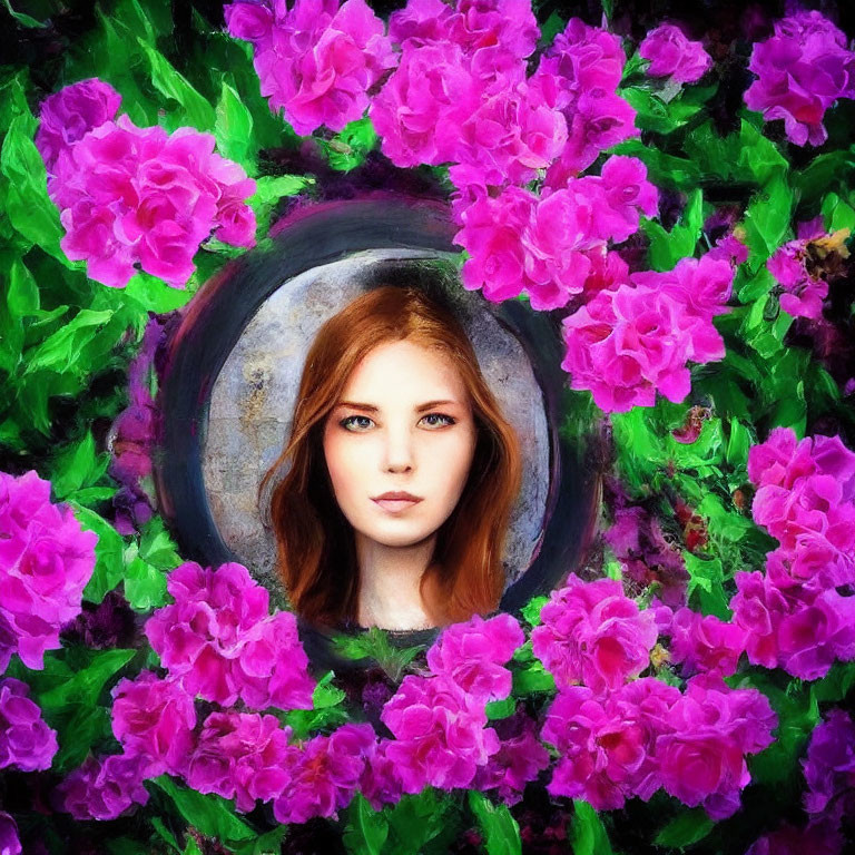 Circular Opening Surrounds Woman's Face Amid Pink Flowers and Greenery
