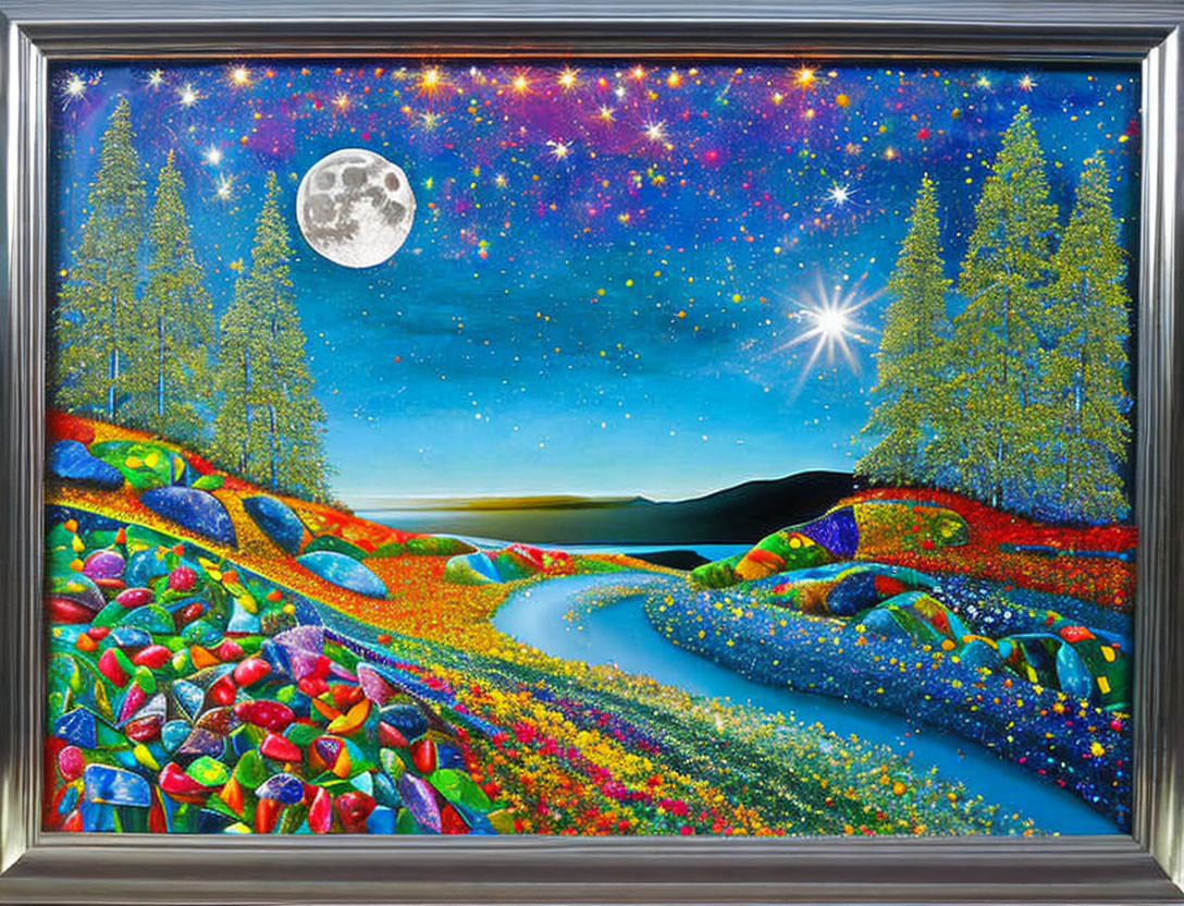 Colorful landscape with starry sky and full moon.