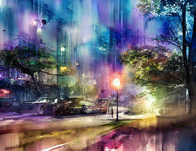 Blurred lights and parked cars in vibrant watercolor street scene