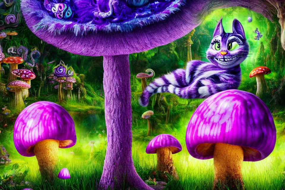 Whimsical Cheshire Cat on Purple Mushrooms in Fantasy Forest