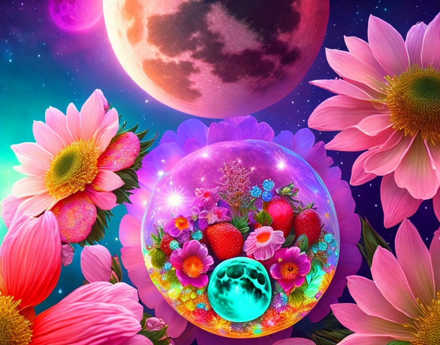 Colorful digital artwork: Luminous sphere with flowers and fruits, pink daisies, other