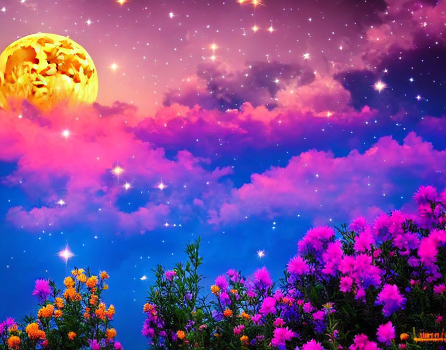 Fantasy landscape with moon, colorful clouds, and blooming flowers