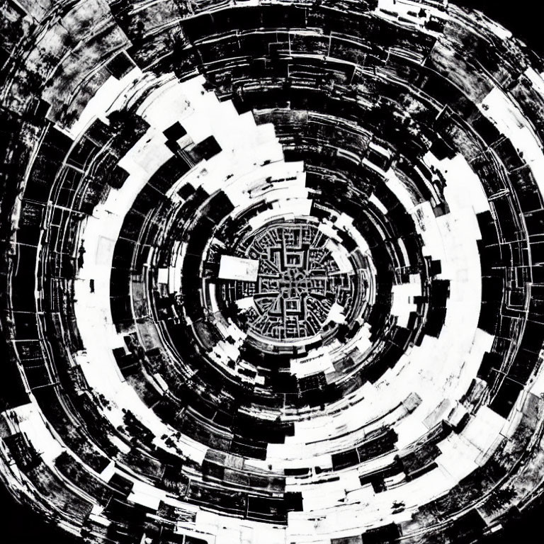 Monochromatic abstract art with concentric circular patterns and maze-like core