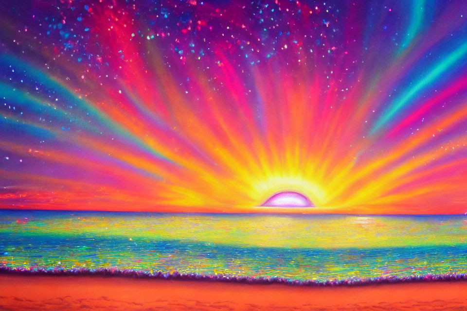 Colorful sunset painting with ocean reflection and starry sky