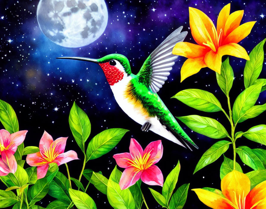 Colorful hummingbird in flight with pink and yellow flowers under full moon.