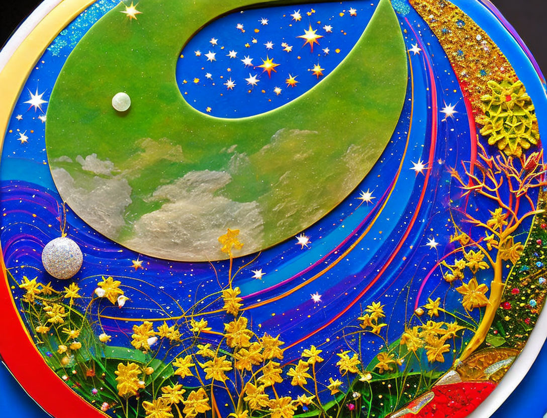 Colorful Cosmic Scene with Moon, Stars, Planets, and Florals on Blue and Red Background