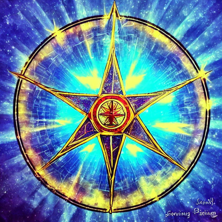 Colorful Stylized Compass Rose on Cosmic Blue Background