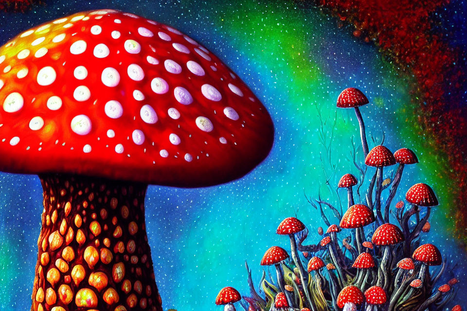 Colorful Mushroom Painting on Cosmic Starry Background