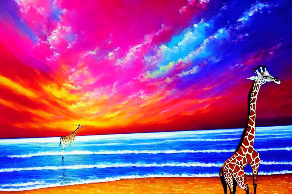 Colorful Sunset Sky Painting Featuring Two Giraffes by the Sea