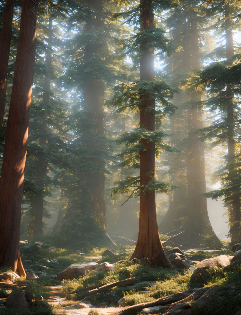 Sunlight filtering through dense forest, illuminating towering trees and moss-covered ground.