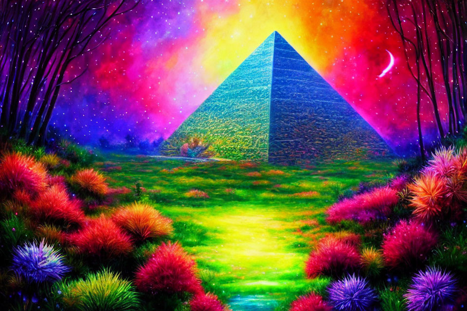 Colorful Fantasy Landscape with Pyramid and Fluorescent Flora