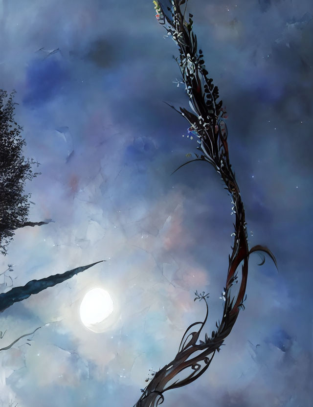 Illustration of twisted tree under bright moon in cloudy night sky