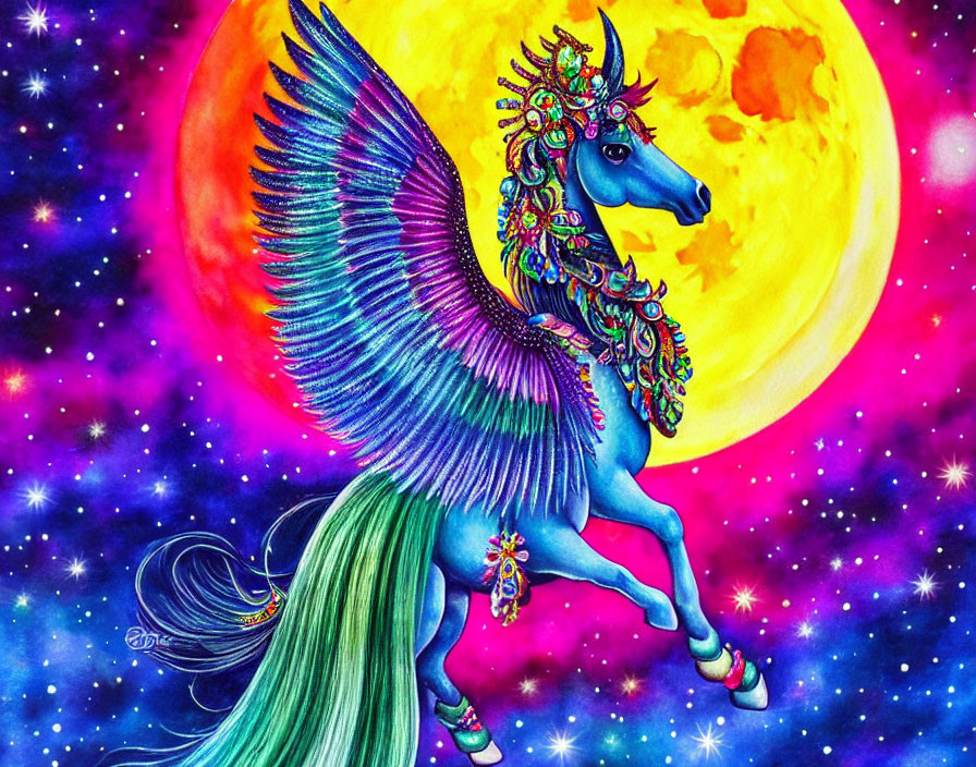 Colorful winged horse with ornate headdress in cosmic scene