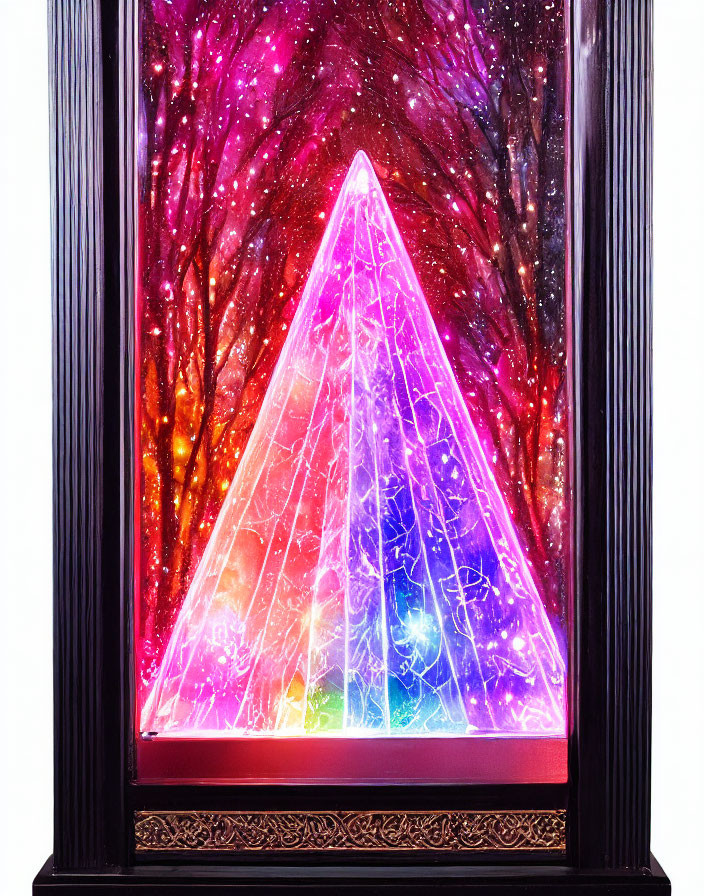 Colorful illuminated pyramid art in cosmic purple and pink tones on black ornate frame