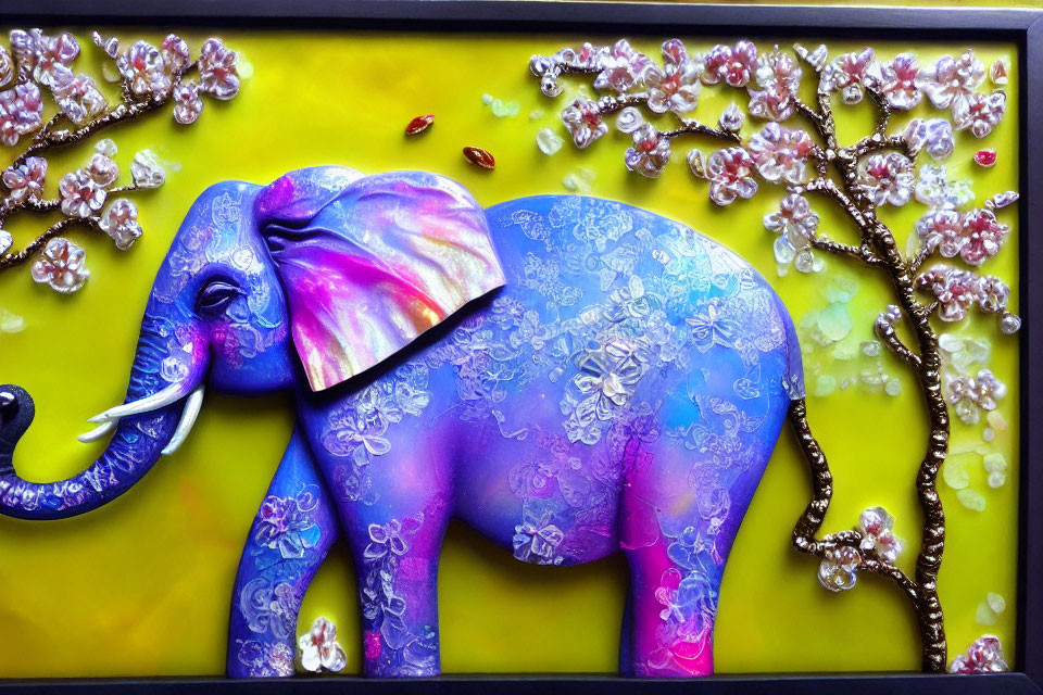 Vibrant elephant art with floral motifs on yellow background in black frame